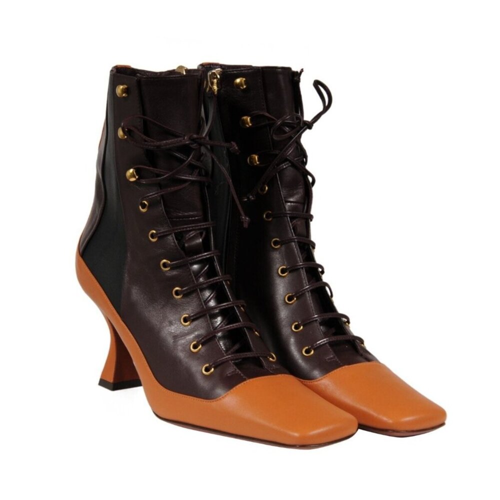 Manu Atelier Womens Duck Lace Up Boots US 7 EU 37 Brown Leather Square Toe